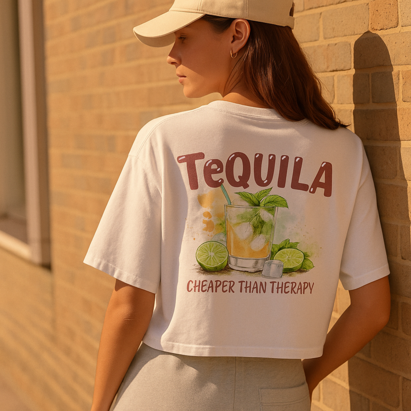 Camiseta Boxy Orgánica – Tequila: Cheaper than Therapy 🍋✨
